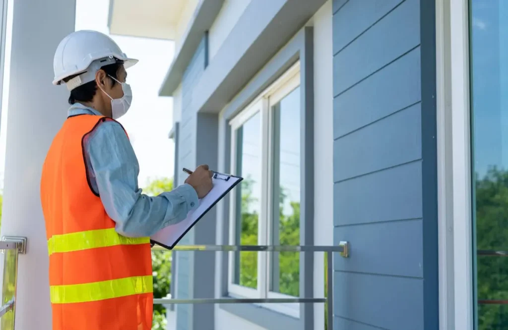 Commercial property inspector in safety vest and hard hat documenting building exterior conditions on inspection checklist