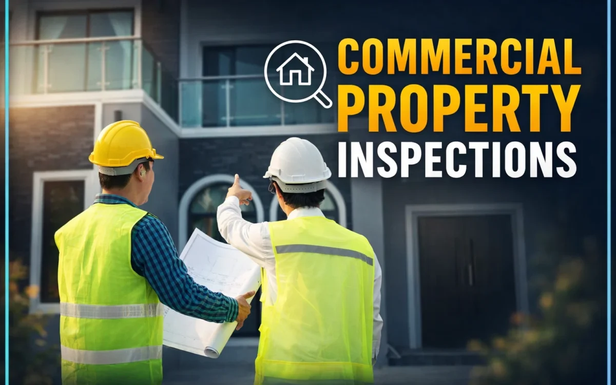 Commercial property inspectors in safety gear reviewing building blueprints