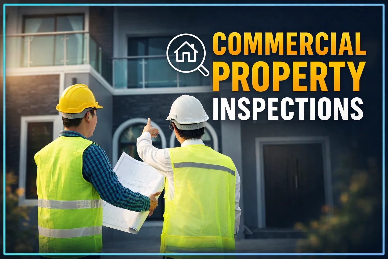 Commercial property inspectors in safety gear reviewing building blueprints