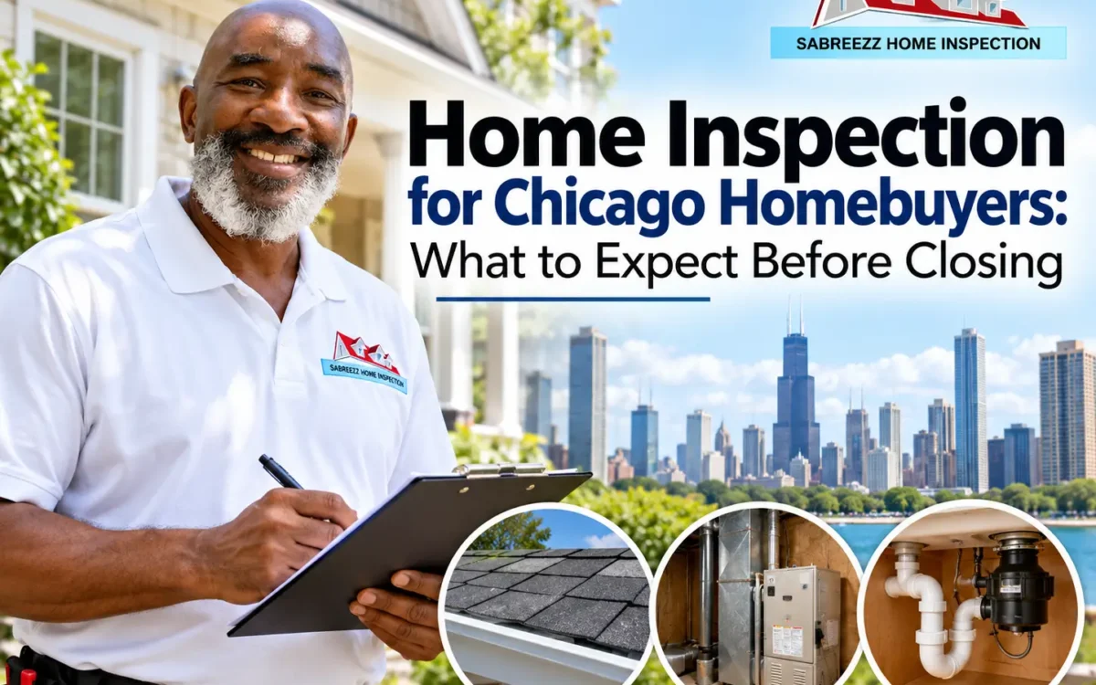 Sabreezz Home Inspection inspector holding a clipboard outside a Chicago home, with the Chicago skyline and close-up views of roofing, HVAC, and plumbing systems.
