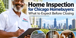 Sabreezz Home Inspection inspector holding a clipboard outside a Chicago home, with the Chicago skyline and close-up views of roofing, HVAC, and plumbing systems.