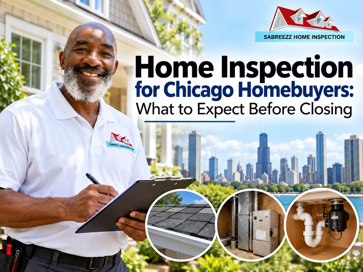 Sabreezz Home Inspection inspector holding a clipboard outside a Chicago home, with the Chicago skyline and close-up views of roofing, HVAC, and plumbing systems.