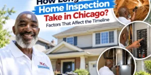 Sabreezz Home Inspection inspector holding a clipboard outside a Chicago home, with attic, electrical panel, and HVAC inspection details.