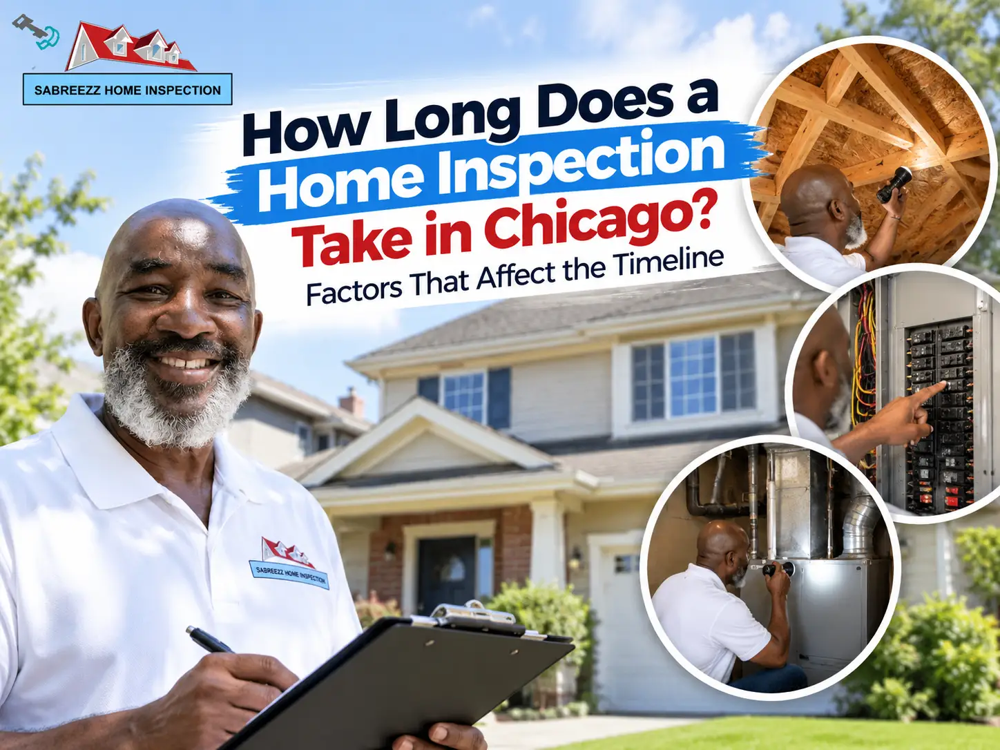 Sabreezz Home Inspection inspector holding a clipboard outside a Chicago home, with attic, electrical panel, and HVAC inspection details.