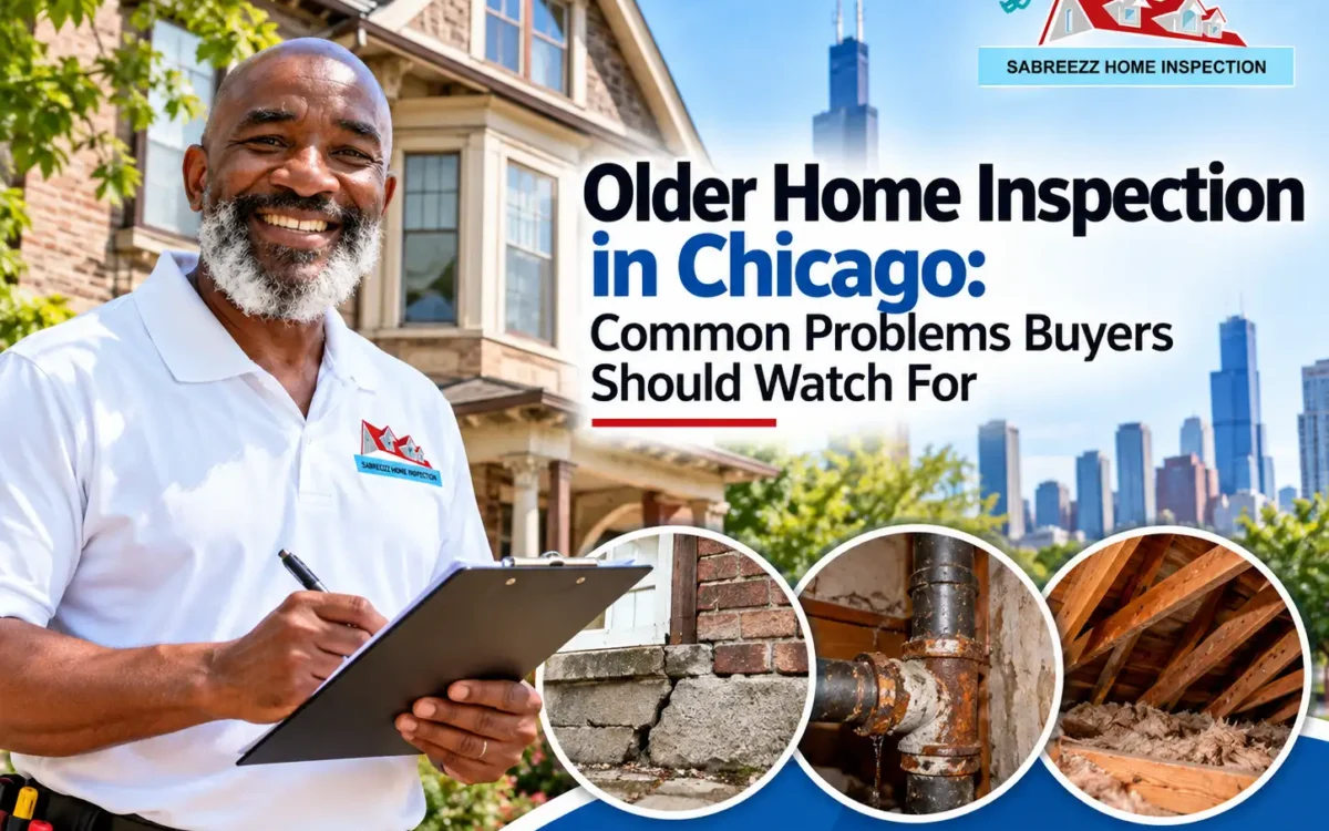 Sabreezz Home Inspection inspector holding a clipboard outside an older Chicago home, with close-up views of cracked foundation masonry, corroded plumbing pipes, and attic insulation.