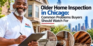 Sabreezz Home Inspection inspector holding a clipboard outside an older Chicago home, with close-up views of cracked foundation masonry, corroded plumbing pipes, and attic insulation.