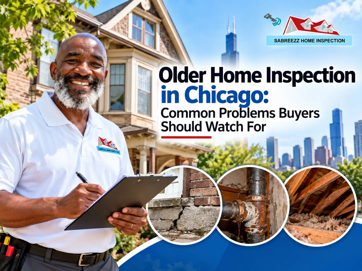 Sabreezz Home Inspection inspector holding a clipboard outside an older Chicago home, with close-up views of cracked foundation masonry, corroded plumbing pipes, and attic insulation.
