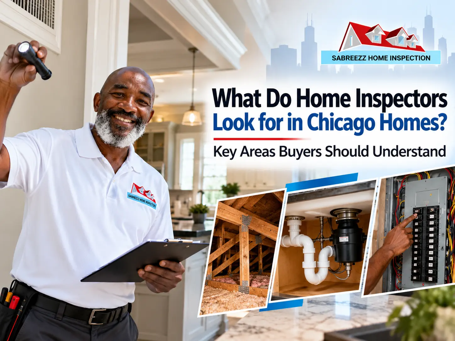 Sabreezz Home Inspection inspector examining a Chicago home's interior with a flashlight and clipboard, featuring attic framing, plumbing, and electrical panel inspection details.